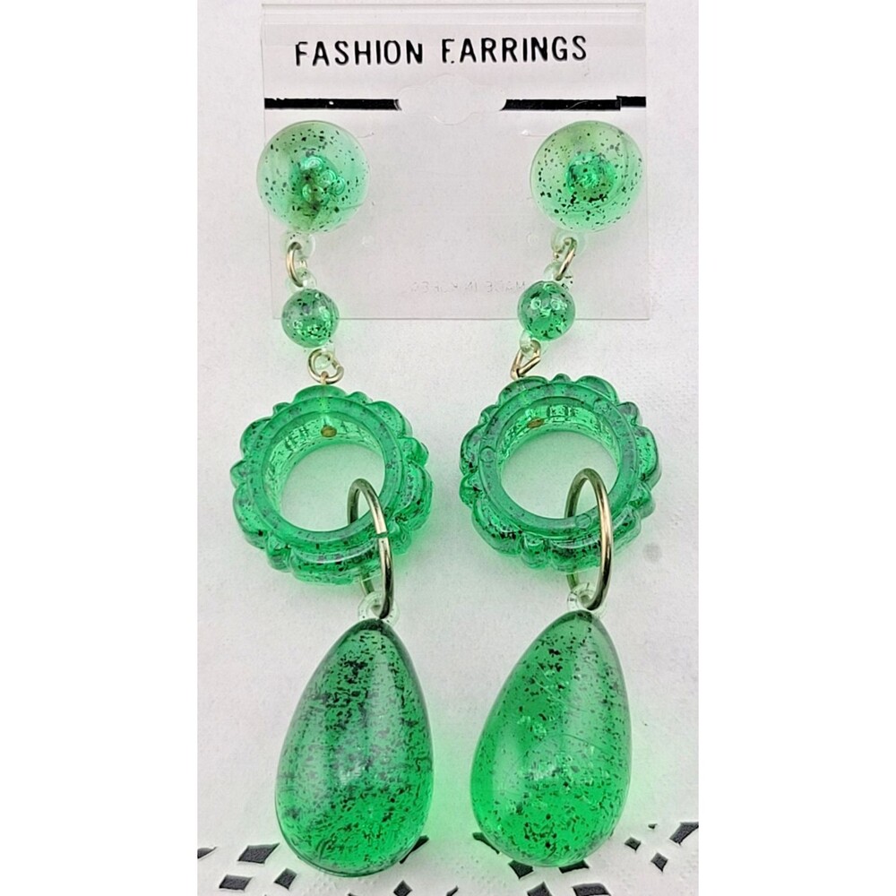Vintage Juicy Green Confetti Lucite Plastic Chandelier Pierced 4.25" Earrings